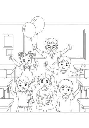 A cheerful group of diverse children giving thumbs-up and celebrating their success with certificates and balloons in a classroom setting.
