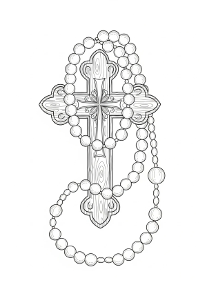 A detailed illustration of a rosary draped elegantly over a cross with intricate patterns and delicate beads, set against a simple background