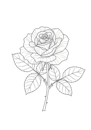 An elegant, detailed illustration of a single blooming rose with intricate petals and leaves.