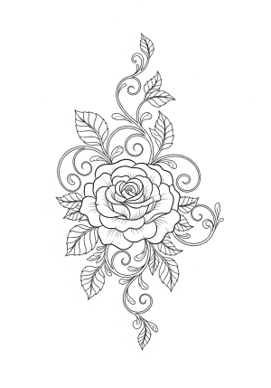 A vintage-style ornate rose with swirling vines and delicate foliage surrounding it.