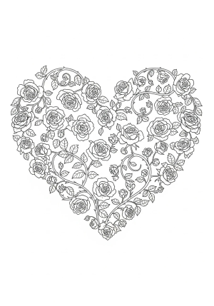 A delicate heart shape formed entirely by intricate rose vines and blossoms intertwined artistically