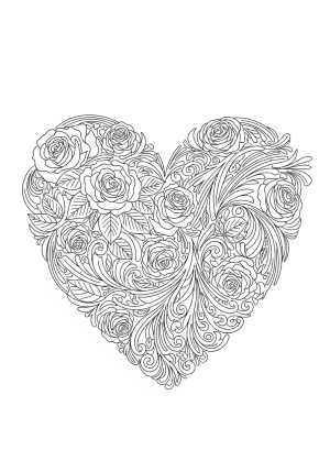 A large, detailed heart shape composed of blooming roses and leaves arranged in a flowing, symmetrical pattern