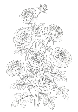 A detailed illustration of a blooming rose bush with winding stems and intricate leaves, showcasing various types of roses in full bloom