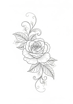 An elegant single rose with delicate petals and flowing leaves, surrounded by ornate vines and subtle floral accents
