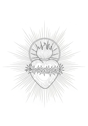 A detailed depiction of the sacred heart of Jesus adorned with flames, a crown of thorns, and radiant light emanating from it, surrounded by intricate decorative elements.