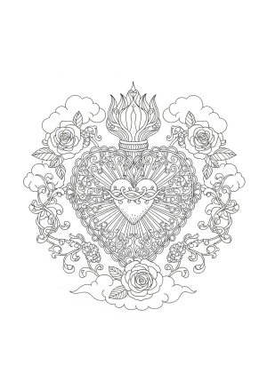 An ornate sacred heart of Jesus with delicate filigree patterns, surrounded by symbolic motifs such as roses, vines, and clouds, emphasizing reverence and divine imagery.