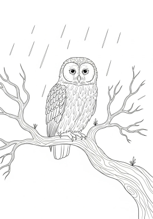 A lone owl perched on a bare, twisted tree branch during a rainy night, with a somber expression.