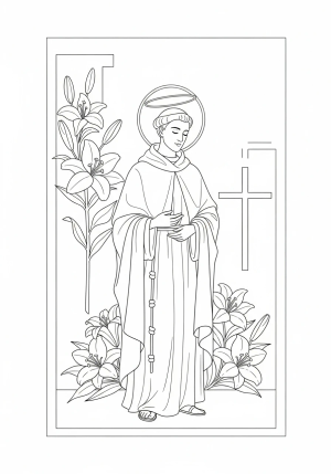 A serene depiction of a saint in robes, standing peacefully with a gentle halo above the head, surrounded by symbolic elements like lilies and a cross in the background.