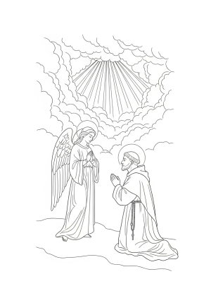 An inspiring image of a saint kneeling in prayer with an angel nearby, set against a background of clouds and rays of divine light emanating from above.
