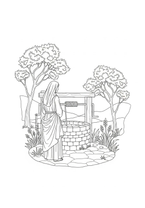 A detailed scene of a Samaritan woman at a well, with flowing robes and peaceful surroundings, capturing a moment of reflection.