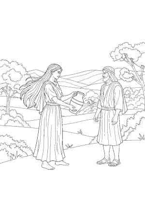 An artistic depiction of a Samaritan woman offering water from a jar, with a scenic background of trees and a gentle landscape, emphasizing grace and serenity.