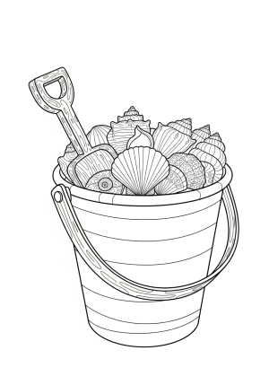A detailed illustration of a classic sand bucket with a handle, filled with seashells and a small shovel resting on the side