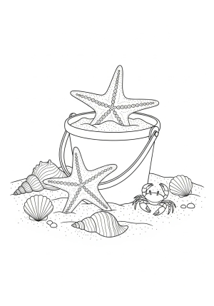 A whimsical scene of a sand bucket with a starfish and a tiny crab climbing on it, set on a sandy beach with scattered seashells