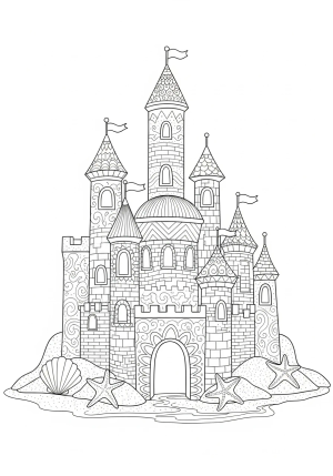 A detailed sandcastle with tall towers, archways, and intricate patterns, surrounded by seashells and starfish on a sandy beach.