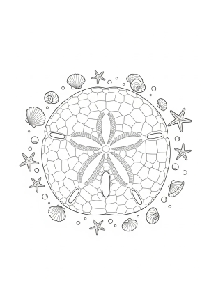 A detailed cross-section of a delicate sand dollar with intricate patterns on the surface, surrounded by small seashells and tiny starfish.