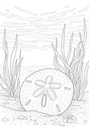 A realistic sand dollar resting on a sandy ocean floor with gentle waves and underwater plants in the background.
