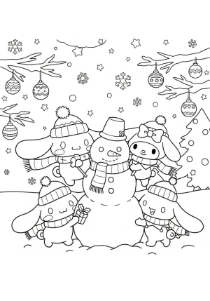 Cinnamoroll and friends wearing winter scarves and hats, building a snowman together under a festive holiday sky with Christmas ornaments hanging from nearby trees