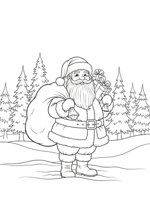 A cheerful Santa Claus holding a large sack of gifts while standing in a snowy landscape with pine trees in the background