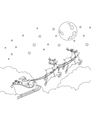Santa flying through the night sky in his sleigh pulled by reindeer, with stars and a full moon overhead