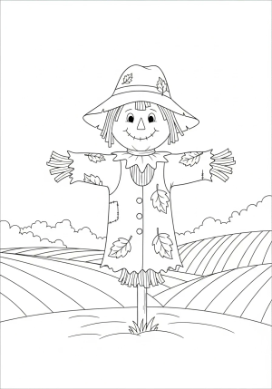 A friendly scarecrow standing tall in a farm field with a wide-brimmed hat, leafy clothing, and a cheerful expression.