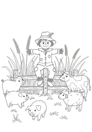 A whimsical scarecrow sitting on a wooden fence post, surrounded by tall grasses and curious farm animals, with a playful stance.