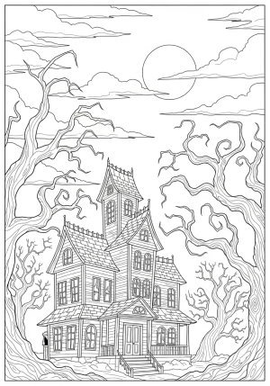 A spooky haunted house with crooked windows, haunted trees with twisted branches, and a full moon in the dark, cloudy sky.