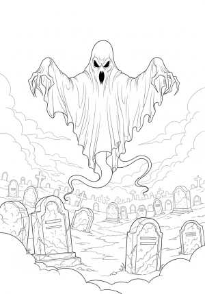 A menacing ghost floating above a graveyard filled with ancient tombstones, eerie fog swirling around in a shadowy landscape.