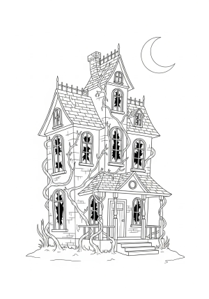A haunted house with broken windows, twisted vines, and a crescent moon in the spooky night sky