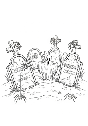 A eerie graveyard scene with crooked tombstones, crawling spiders, and a ghostly figure emerging from the ground