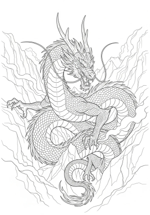 A terrifyingly realistic dragon with long, twisted horns, razor-sharp claws, and a fierce snarl revealing menacing teeth, coiled around craggy mountain rocks amid swirling fog.