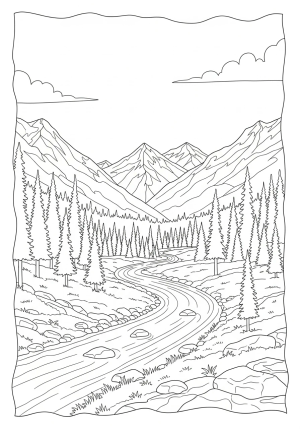 A serene mountain landscape with a winding river, tall trees, and distant snow-capped peaks, capturing a peaceful natural scene