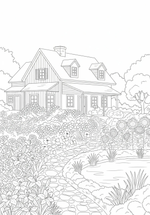 A charming countryside scene featuring a rustic farmhouse surrounded by blooming gardens, a stone path, and a tranquil pond
