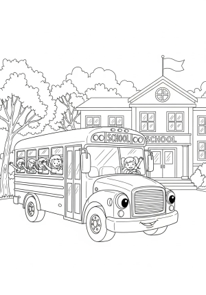 A friendly school bus parked outside a school building with children waving from the windows and trees in the background