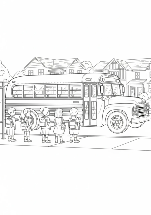 A detailed side view of a classic school bus driving down a suburban street with houses and children waiting at a bus stop