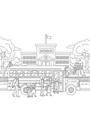 A school bus parked outside a school building with children boarding and waving goodbye, surrounded by trees and playground equipment.