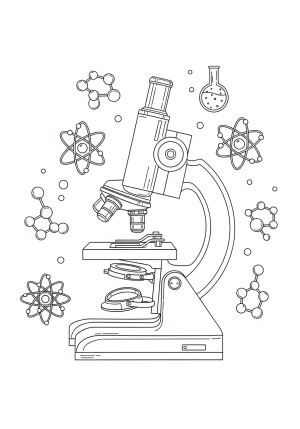 A detailed illustration of a microscope with various scientific icons like atoms and molecules surrounding it.