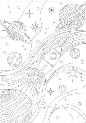 An intricate scene depicting planets, stars, and a rocket in space, emphasizing the wonders of astronomy.