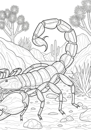 A close-up of a scorpion’s intricate exoskeleton and curled tail, surrounded by desert plants and rocky terrain