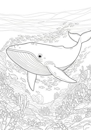 A detailed underwater scene featuring a friendly whale swimming among schools of fish and coral reefs.