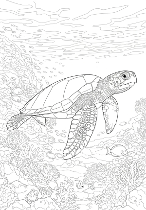 A detailed scene of a gentle sea turtle swimming gracefully near a coral reef teeming with aquatic life