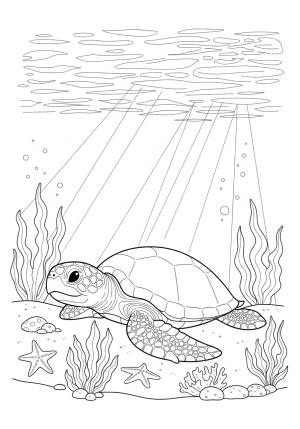A playful sea turtle resting on the ocean floor among seaweed and starfish, with sunlight filtering through the water