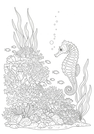 An intricately detailed seahorse drifting among coral reefs with flowing seaweed and tiny fish, in a whimsical underwater scene