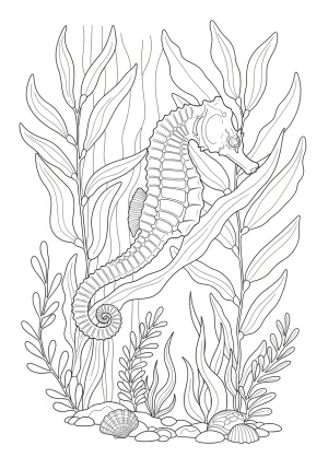 A majestic seahorse gracefully swimming through a kelp forest, surrounded by elegant sea plants and delicate shells