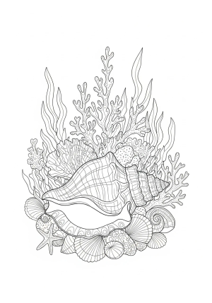An ornate scene featuring a large conch shell surrounded by smaller shells, seaweed, and coral structures with delicate line work.