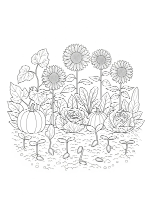 A whimsical garden scene featuring a variety of seeds sprouting into young plants amidst leaves and soil