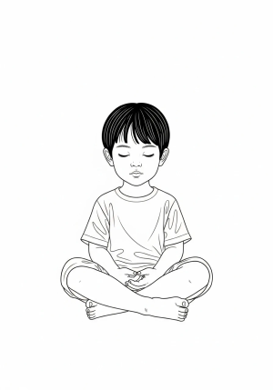 A calm child sitting cross-legged with their eyes closed and hands resting gently on their lap, embodying self-control and patience