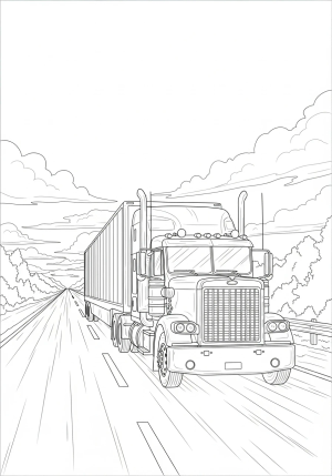 A detailed illustration of a classic semi truck with a large aerodynamic trailer driving down a highway, with trees and clouds in the background