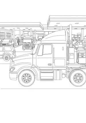 A side view of a heavyweight semi truck with rugged tires and a streamlined cabin, parked in a busy truck stop environment with other vehicles and fuel pumps