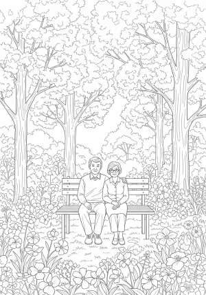 A peaceful garden scene featuring a senior couple sitting on a park bench surrounded by blooming flowers and tall trees