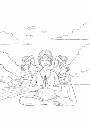 An elegant senior woman practicing gentle yoga poses in a serene outdoor setting with a flowing stream and birds in the sky